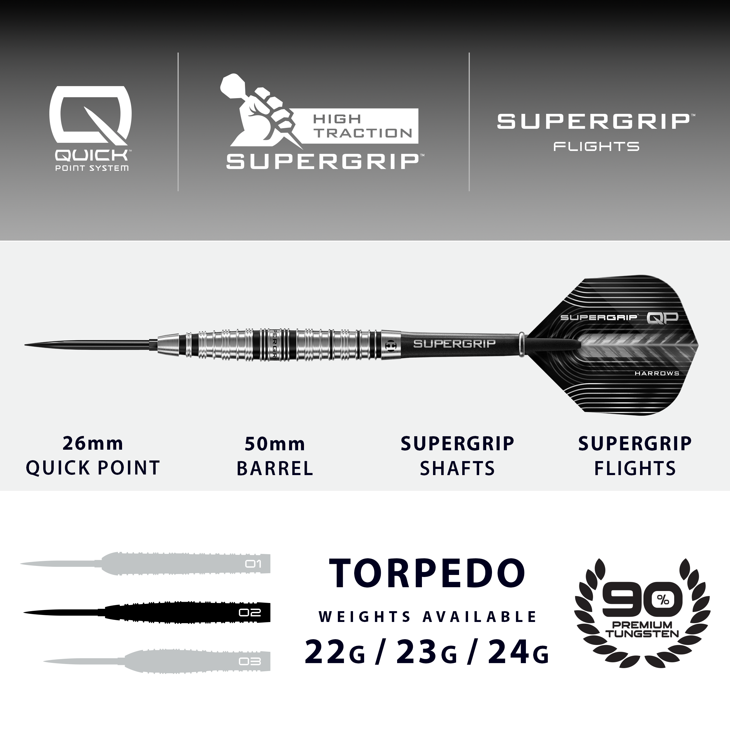 SUPERGRIP QP TORPEDO 90% QUICK POINT DARTSTIKAT