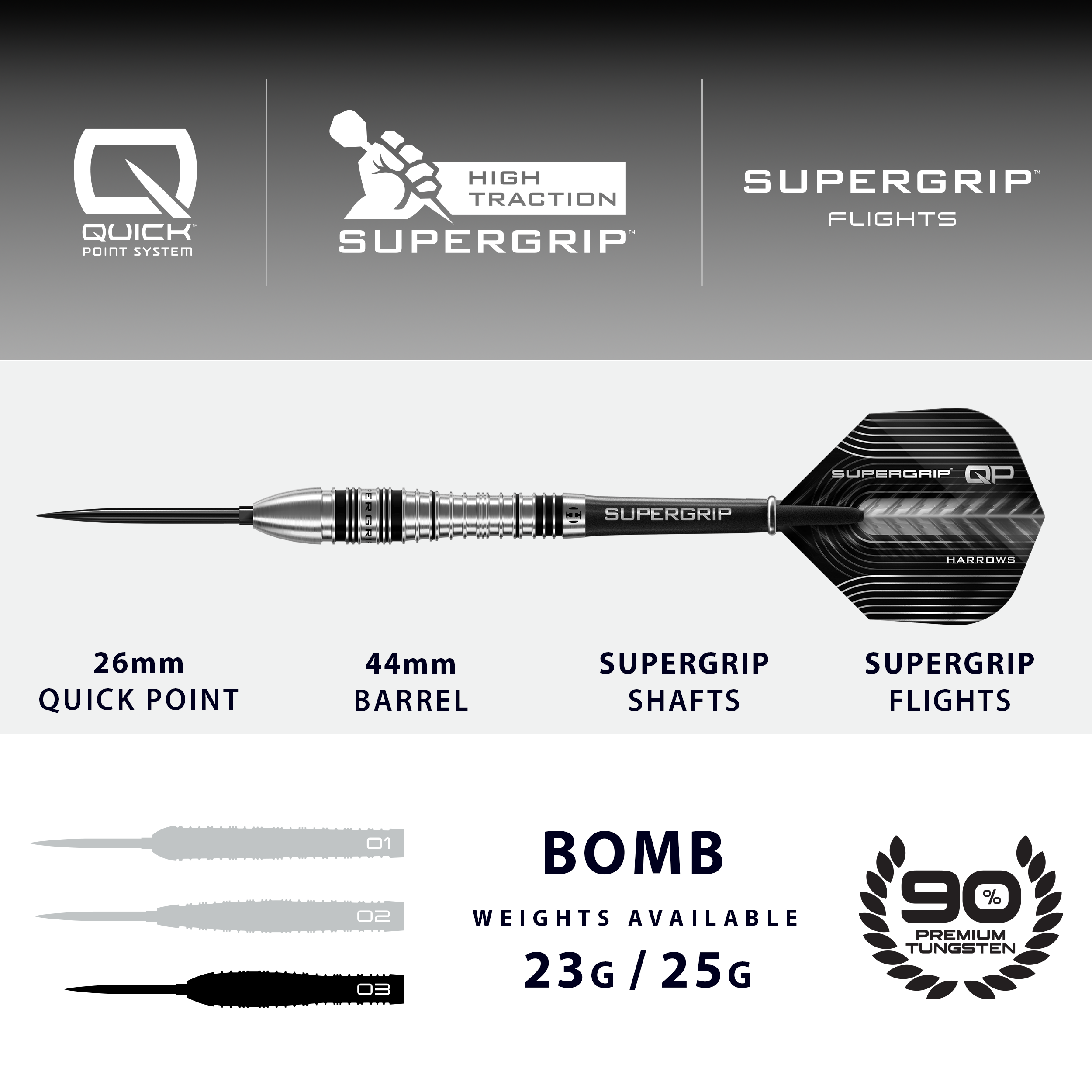 SUPERGRIP QP BOMB 90% QUICK POINT DARTSTIKAT