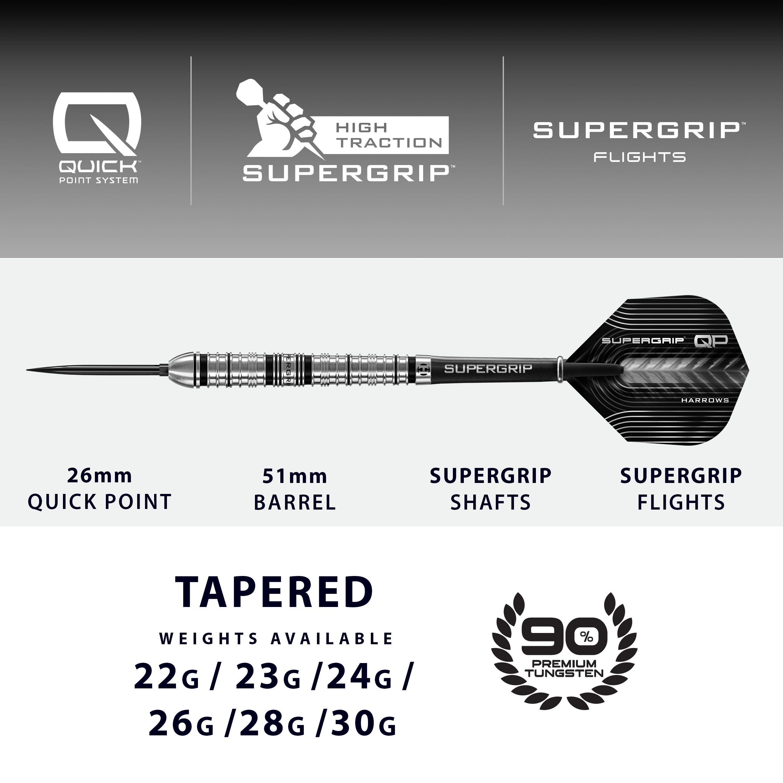 Harrows Supergrip QP Tapered 90% Quick Point dartstikat